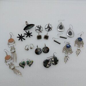 Mix Lot Of 11 Pairs of Silver Tone Pierced Earrings & One Ring Abalone Shell